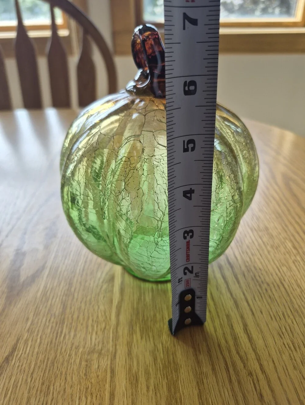 Hand Blown Green Crackle Glass Pumpkin Amber Stem Fall Decor